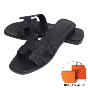 エルメス フラットサンダル シューズ レディース オラン デニムキャンバス ブルー・ブリュット(ネイビー系) ORAN DENIM BLUE BRUT HERMES