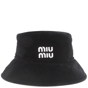 ミュウミュウ ハット ベロア バケットハット コットン ブラック M 黒 白ロゴ  5HC196 068 中古