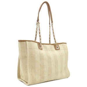 シャネル トートバッグ ドーヴィル トートMM ファブリック ベージュ ショルダーバッグ チェーン A67001 中古