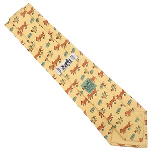 エルメス ネクタイ アニマル柄 9cm シルク イエロー 黄色 緑 茶 ニワトリ キツネ  中古