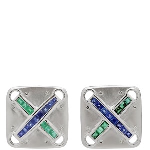 ピアス サファイア エメラルド ダイヤピアス K18WG シルバー 750 マルチストーン スクエア 四角 クロス ブルー グリーン  中古