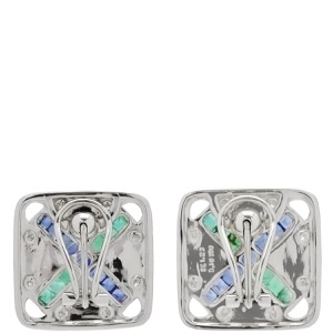 ピアス サファイア エメラルド ダイヤピアス K18WG シルバー 750 マルチストーン スクエア 四角 クロス ブルー グリーン  中古