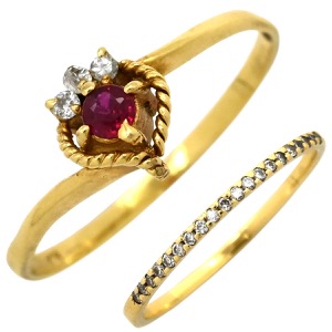 リング 指輪 ルビー ダイヤ リング K18YG ゴールド Au750 18K 18金 レッド 赤 2連 2重 2セット ピンキーリング 中古