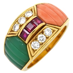 リング 指輪 ルビー 珊瑚 ダイヤ リング K18YG ゴールド Au750 18K 18金 赤 緑 ピンク  中古