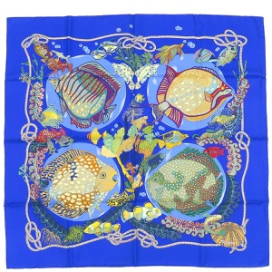 エルメス スカーフ カレ90 CARRE シルク マルチカラー 青 【GRANDS FONDS/深海】  中古
