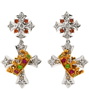 ピアス ダイヤピアス K18WG シルバー マルチカラー 十字架 王冠 クロス  中古