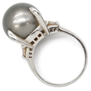 リング 指輪 黒蝶パール ダイヤリング Pt900 シルバー 1粒 1P  中古