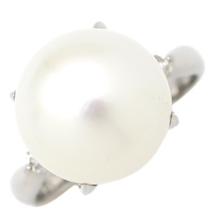 リング 指輪 白蝶パール ダイヤリング Pt900 シルバー 1粒 1P  中古