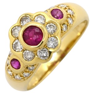 リング 指輪 ルビー ダイヤ リング K18YG ゴールド Au750 18K 18金 レッド 赤  中古