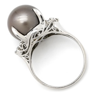 リング 指輪 黒蝶パール ダイヤリング Pt900 シルバー 1粒 1P  中古