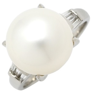 リング 指輪 白蝶パール ダイヤリング Pt900 シルバー 1粒 1P  中古