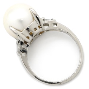 リング 指輪 白蝶パール ダイヤリング Pt900 シルバー 1粒 1P  中古