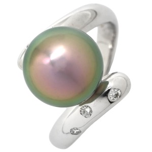 リング 指輪 黒蝶パール ダイヤリング K18WG シルバー 1粒 1P  中古