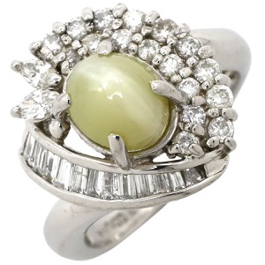 リング 指輪 キャッツアイ ダイヤリング Pt900 シルバー 猫目石  中古