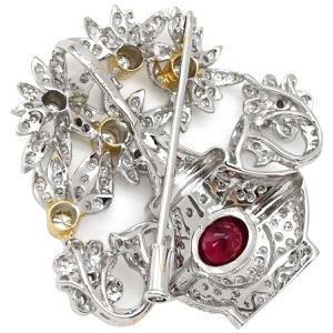 ブローチ ルビー ダイヤ K18WG シルバー 赤 レッド 花 花瓶  中古