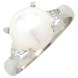 リング 指輪 パール ダイヤリング Pt900 シルバー 1粒 1P アコヤパール  中古