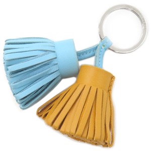 エルメス キーリング カルメン ウノドス ラムスキン マルチカラー 水色 茶 フリンジ キーホルダー  中古