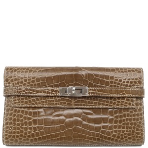 エルメス 長財布 ケリーウォレット ロング アリゲーター ブラウン 茶 クロコ  中古