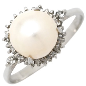 リング 指輪 Pt900 ホワイト プラチナム 1P 1粒 パール 真珠 あこや アコヤ ダイヤ  中古