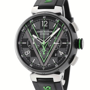 ルイヴィトン タンブール クロノグラフ ダミエ・グラフィット レース QA130Z ブラックPVD グリーン 自動巻き