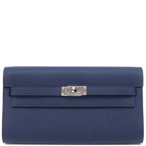 エルメス 長財布 ケリーウォレット ロング トゥーゴー ヴォーエプソン ネイビー 紺 ショルダー  中古