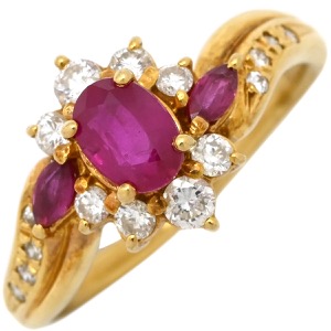 リング 指輪 ルビー ダイヤ リング K18YG ゴールド Au750 18K 18金 レッド 赤  中古