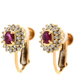 イヤリング K18YG レッド 赤 Au750 18K 18金 1P 1石 1粒 ルビー パヴェ ダイヤ オーバル  中古