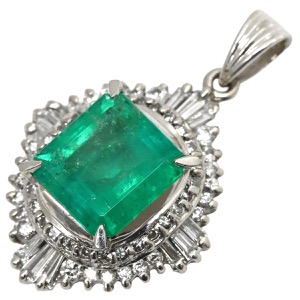ペンダントトップ エメラルド ダイヤ Pt900 グリーン 緑 ネックレストップ エメラルドカット スクエア プラチナム  中古