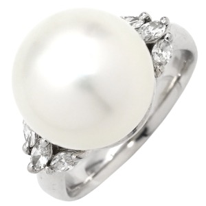 リング 指輪 白蝶パール ダイヤリング Pt900 シルバー 1粒 1P  中古