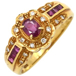 リング 指輪 ルビー ダイヤ リング K18YG ゴールド Au750 18K 18金 レッド 赤 ダイアモンド  中古