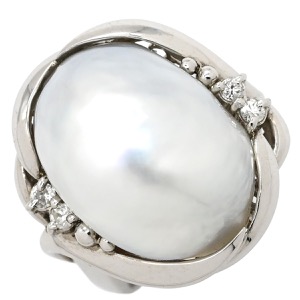 リング 指輪 白蝶パール ダイヤリング Pt900 シルバー 1粒 1P オーバル シルバー  中古
