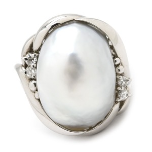 リング 指輪 白蝶パール ダイヤリング Pt900 シルバー 1粒 1P オーバル シルバー  中古