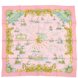 エルメス スカーフ カレ90 CARRE シルク ピンク 【VOILES DE LUMIERE/光の帆】 中古