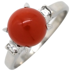 リング 指輪 珊瑚 ダイヤリング Pt900 シルバー 赤 サンゴ  中古