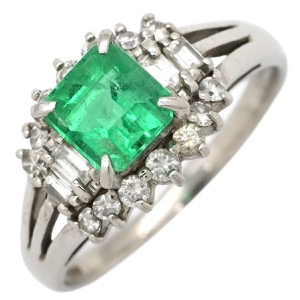 リング 指輪 エメラルド ダイヤモンド リング Pt850 シルバー グリーン 緑 スクエア  中古