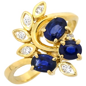 リング 指輪 ブルーサファイア ダイヤリング K18YG ゴールド Au750 18K 18金 リーフ  中古