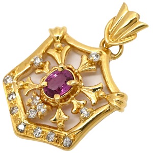 ペンダントトップ K18YG ゴールド Au750 18K 18金 ダイヤ ルビー ペンダントトップ エンブレムモチーフ   中古