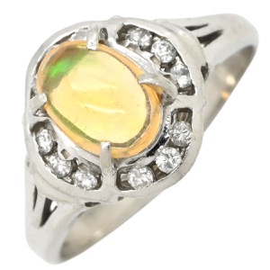 リング 指輪 ファイアオパール ダイヤリング Pt900 シルバー メキシコオパール  中古