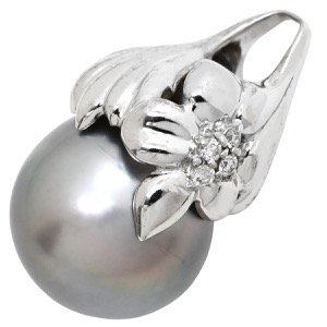 ペンダントトップ 黒蝶パール ダイヤ K14WG シルバー シルバー  中古