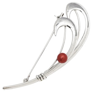 ブローチ 珊瑚 シルバー シルバー 赤 流線ブローチ  中古