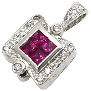 ペンダントトップ ルビー ダイヤ Pt900 シルバー 赤 レッド スクエアカット  中古