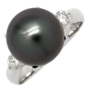 リング 指輪 黒蝶パール ダイヤリング Pt900 シルバー 1粒 1P  中古