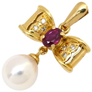 ペンダントトップ K18YG ゴールド Au750 18K 18金 ダイヤ ルビー ペンダントトップ リボンモチーフ 1Pパール  中古