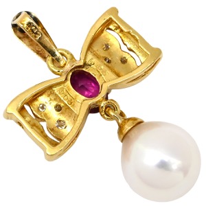 ペンダントトップ K18YG ゴールド Au750 18K 18金 ダイヤ ルビー ペンダントトップ リボンモチーフ 1Pパール  中古