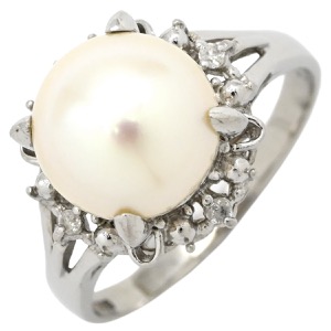 リング 指輪 アコヤパール ダイヤリング Pt900 シルバー 1粒 1P  中古