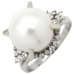 リング 指輪 Pt900 ホワイト プラチナム 1P 1粒 パール 真珠 白蝶 ダイヤ  中古
