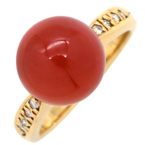 リング 指輪 珊瑚 ダイヤリング K18YG ゴールド サンゴ  中古