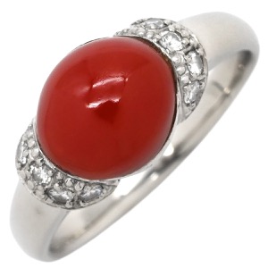 リング 指輪 珊瑚 ダイヤリング Pt900 シルバー 赤 サンゴ  中古