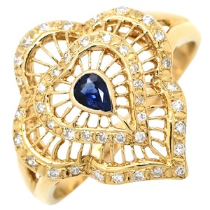 リング 指輪 ブルーサファイア ダイヤリング K18YG ゴールド Au750 18K 18金 透かしハートモチーフ  中古