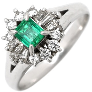 リング 指輪 エメラルド ダイヤモンド リング Pt900 シルバー グリーン 緑 スクエア  中古